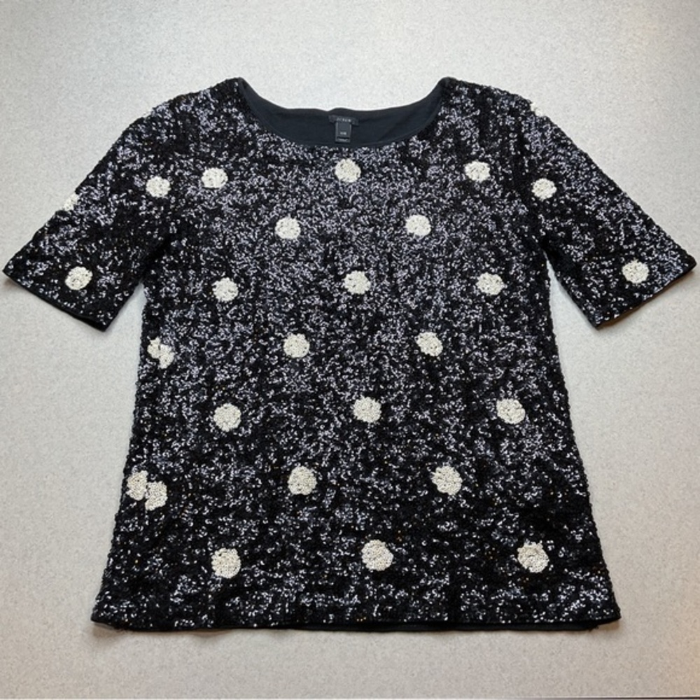 J. Crew Polka Dot Sequin Top XXS Black &‎ Cream Short Sleeve